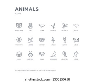 simple set of animals vector line icons. contains such icons as horse, jellyfish, kangaroo, koala, ladybug, lion, lizard, llama, macaw and more. editable pixel perfect.