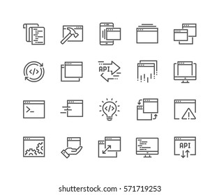 Simple Set of Application Related Vector Line Icons. 
Contains such Icons as Build, API, Terminal, Code Listing and more.
Editable Stroke. 48x48 Pixel Perfect.