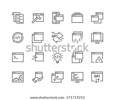 Simple Set of Application Related Vector Line Icons. 
Contains such Icons as Build, API, Terminal, Code Listing and more.
Editable Stroke. 48x48 Pixel Perfect.