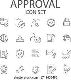 Simple set of approval related vector lines icons. Contains icons such as security guarantee, accepted document, etc. You can edit strokes.