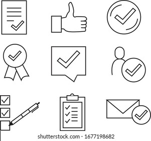 Conjunto simple de iconos de línea de aprobación. Garantía de protección, documento aceptado, control de calidad, firma, conversación, seguridad, aprobación, certificado, certificación, correo, logro. Vector Eps. 8.