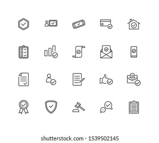 Simple Set of Approve Related Vector Line Icons. Contains such Icons as Protection Guarantee, Accepted Document, Quality Check and more.