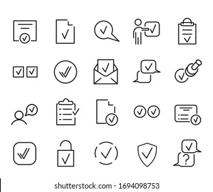 Einfache Set von genehmigten Vektorliniensymbolen. Enthält Symbole wie Inspektor, Stempel, Checkliste, Schutzgarantie, akzeptiertes Dokument, Qualitätsprüfung und mehr