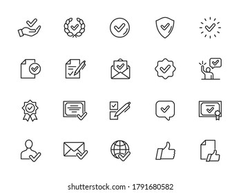 Conjunto simple de iconos de línea de vectores relacionados aprobados. Contiene iconos como Inspector, Sello, Lista de comprobación y más.