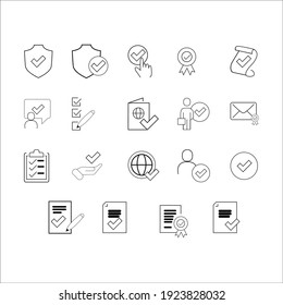 Simple set of approve related vector line icons. Contains icons such as Security Warranty, Accepted Document, Quality Assurance, and more. You can edit strokes. 48x48 pixels perfectly.