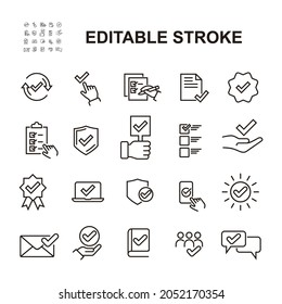 Conjunto simple de iconos de línea de vectores relacionados aprobados. Contiene iconos como Garantía de protección, Documento aceptado, Comprobación de calidad y más. Stroke editable. Eps 10.