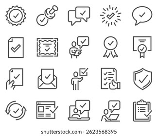 Simple Set of Approve Related Vector Line Icons. Contains such Icons as Inspector, Stamp, Check List and more