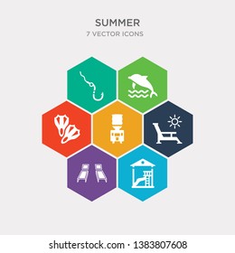 simple set of aqua park, beach chair, deck chairs and sun, dispenser icons, contains such as icons diving fins, dolphin on water waves, fish and hook and more. 64x64 pixel perfect. infographics