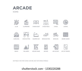simple set of arcade vector line icons. contains such icons as ace of spades, air hockey, arcade, arcade game, billiards, bingo, board games, bowling, bowling pins and more. editable pixel perfect.