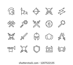 Simple Set of Archaic War Related Vector Line Icons. Contains such Icons as Helmet, Sword, Shield and more.
Editable Stroke. 48x48 Pixel Perfect.