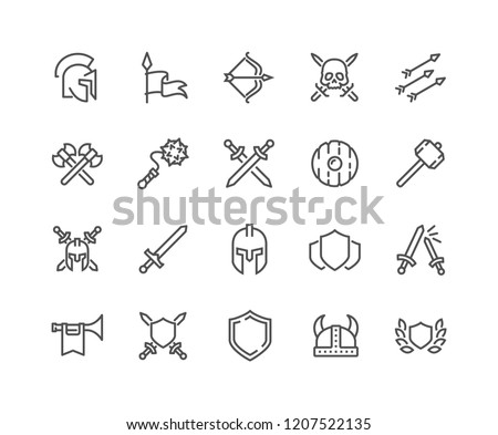 Simple Set of Archaic War Related Vector Line Icons. Contains such Icons as Helmet, Sword, Shield and more.
Editable Stroke. 48x48 Pixel Perfect.