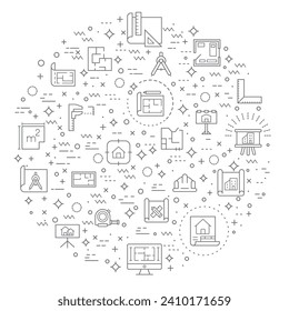Simple Set of architecture and construction Related Vector Line Illustration. Contains such Icons as interior, real estate, building, house, plans, design, build, tool and Other Elements.