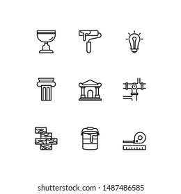Simple Set of architecture Related Vector Line Icons. Contains such idea, measuring tape, museum, paint roller, paint bucket, parquet, column, platter, plumbing.
