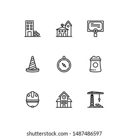 Simple Set of architecture Related Vector Line Icons. Contains such certificate, cement, church, city hall, compass, cone, helmet, wall, tower crane.