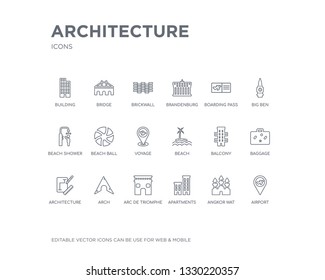 simple set of architecture vector line icons. contains such icons as airport, angkor wat, apartments, arc de triomphe, arch, architecture, baggage, balcony, beach and more. editable pixel perfect.