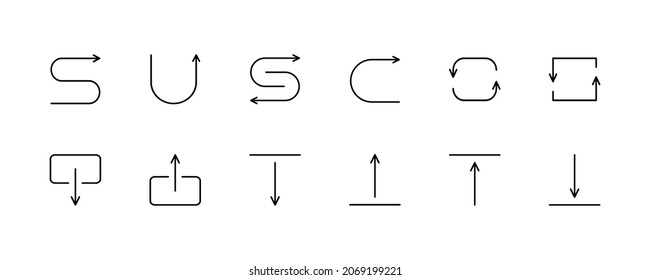 Simple set of arrow icons. Direction Up, Down, Rotation, U-Turn, Left, Right. Vector sign in simple style, isolated on white background. Original size 64x64 pixels.