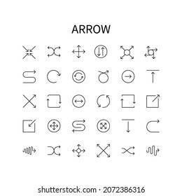 Simple set of arrow icons. Direction Up, Down, Rotation, U-Turn, Left, Right. Vector sign in simple style, isolated on white background. Original size 64x64 pixels.