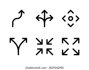 Simple Set of Arrows Related Vector Line Icons. Contains Icons as Curve Right, Three Way, Navigation, Diverge and more.