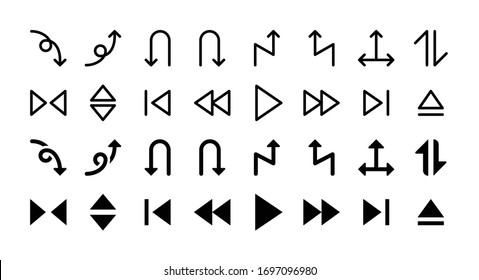 Simple Set of Arrows Vector Glyph and Line Icons including down curve, up, u turn, zig zag, triple, swap, compress, previous, rewind, play, forward, next, eject