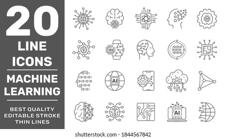 Simple set of artificial intelligence and machine learning related line icons contains such icons as droid, chip, brain, AI, IoT. Editable Stroke. EPS 10