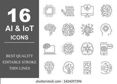 Simple set of Artificial Intelligence related vector line icons. Contains such icons as AI Processor, Cyborg, Self-learning and more. Editable Stroke. EPS 10