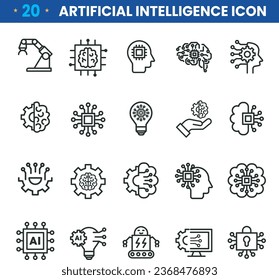 Simple set of artificial intelligence related line icons contains such icons as droid, eye, chip, brain. 