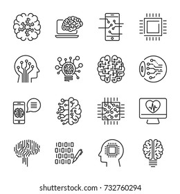 Simple set of artificial intelligence related line icons contains such icons as droid, eye, chip, brain. Editable Stroke.