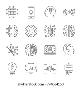 Simple Set of Artificial Intelligence Related Vector Line Icons. 
Contains such Icons as Face Recognition, Algorithm, Self-learning and more. Editable Stroke