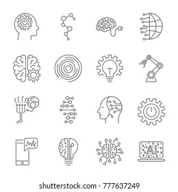 Simple Set of Artificial Intelligence Related Vector Line Icons. 
Contains such Icons as Face Recognition, Algorithm, Self-learning and more.
Editable Stroke. 