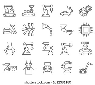 Simple Set of Assembly line Related Vector Line Icons. Contains such Icons as automation, machinery, production line, robot, milling machine, manufacturing, engineering and more. 