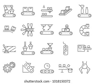 Simple Set Of Assembly Line Related Vector Line Icons. Contains Such Icons As Production, Equipment, Robots, Automation, Machinery, Production Line, Workshop, Factory And More.