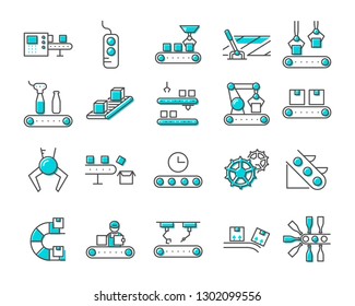 Simple Set of Assembly line Related Vector Line Icons. Contains such Icons as automation, machinery, production line, robot, milling machine, manufacturing, engineering and more. - Vector