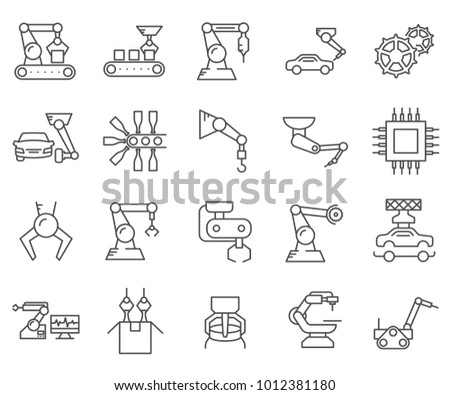 Simple Set of Assembly line Related Vector Line Icons. Contains such Icons as automation, machinery, production line, robot, milling machine, manufacturing, engineering and more. 