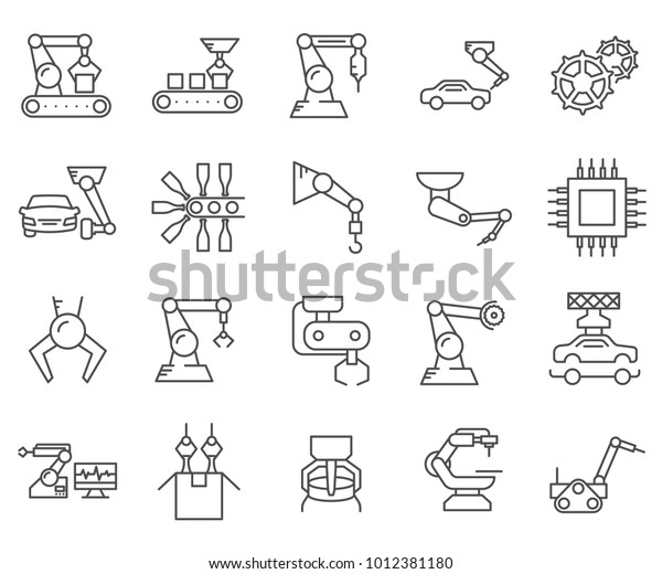 Simple Set of\
Assembly line Related Vector Line Icons. Contains such Icons as\
automation, machinery, production line, robot, milling machine,\
manufacturing, engineering and more.\

