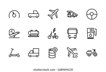 A simple set associated with the technique of vector line icons. Contains icons such as: car, bus, plane, Moto, scooter, fuel, steering wheel, and more. Editable Stroke. 48x48 pixels is perfect.