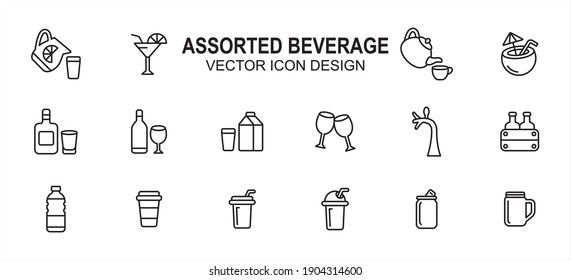 Simple Set of assorted beverage drink Vector icon user interface graphic design. Contains such Icons as lemonade, cocktail, tea, tea pot, coconut, whiskey, wine, milk, beer, juice, coffee, paper cup