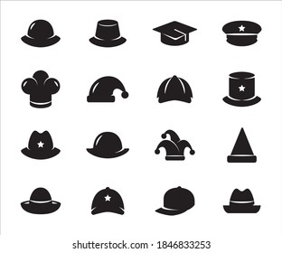 Simple Set of assorted hat Related Vector icon graphic design template. Contains such Icons as hat of police, baseball, baby, children, chef, detective, sailor and more
