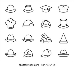 Simple Set of assorted hat Related Vector icon graphic design template. Contains such Icons as hat of police, baseball, baby, children, chef, detective, sailor and more