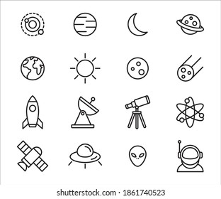 Simple Set of astronomy outer space Related Vector icon lineal style graphic design. Contains such Icons as solar system, planet, earth, sun, satellite, rocket, telescope, alien, astronaut, and more