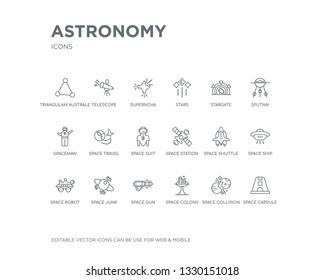 Simple Set Of Astronomy Vector Line Icons. Contains Such Icons As Space Capsule, Space Collision, Space Colony, Gun, Junk, Robot, Ship, Shuttle, Station And More. Editable Pixel Perfect.