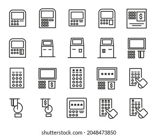 Conjunto simple de iconos de máquinas ATM.  Iconos de línea de vector 