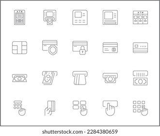 Simple Set of atm Related Vector Line Icons. Vector collection of money, credit card, banking, loan, finance, credit, deposit, income, payment and design elements symbols or logo element.