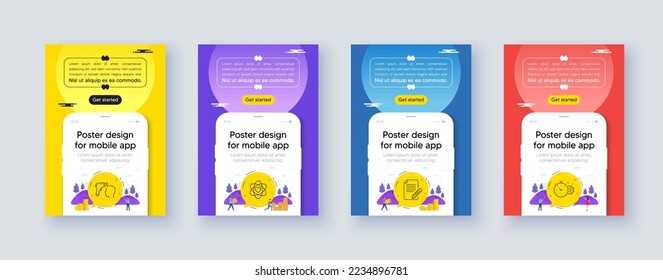 Conjunto simple de íconos de línea Atom, Article y Electronic thermeter. Diseño de la oferta de afiches con el simulador de la interfaz telefónica. Incluir iconos del temporizador de rueda de coagulación. Para web, aplicación. Vector