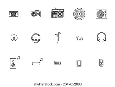 Simple Set of Audio Players Related Vector Line Icons. Contains icons such as Cassette tape, Cassette player, Boombox,   player, record player, CD, Discman, Earpiece, earphone, and more.