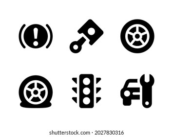 Simple Set of Automotive Related Vector Solid Icons. Contains Icons as Warning, Piston, Tyre, Puncture and more.