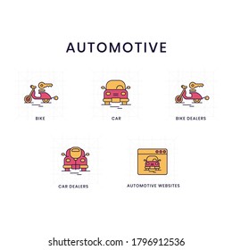 Conjunto simple de iconos de contorno de vectores automotores. Contiene los iconos como
Bicicletas, Coches, Comerciantes de Bicicletas, Distribuidores de Coches y Sitios Web de Automoción.