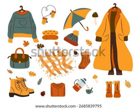 Simple set of autumn clothes. Women's fashion clothes for autumn and spring, fashion clothing store. Vector flat illustration. Coat, boots, sweaters and pants, bag, hat. scarf, tea. umbrella.