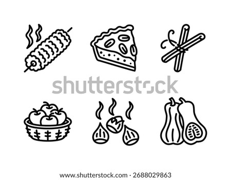 Simple Set of Autumn Related Line Icons. Contains Icons as Roasted Corn, Pecan Pie, Cinnamon Sticks and more.