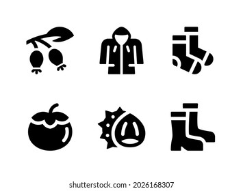 Simple Set of Autumn Related Vector Solid Icons. Contains Icons as Dog Rose, Raincoat, Socks and more.