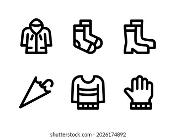 Conjunto simple de iconos de línea de vectores relacionados con el otoño. Contiene íconos como abrigo, calcetines, botas y más.